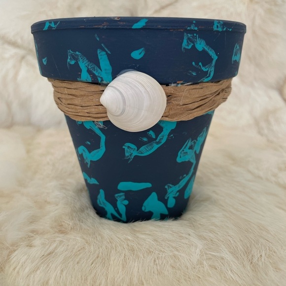 Hand-Painted Blue and Teal Planter with Shell Accent - Picture 1 of 4